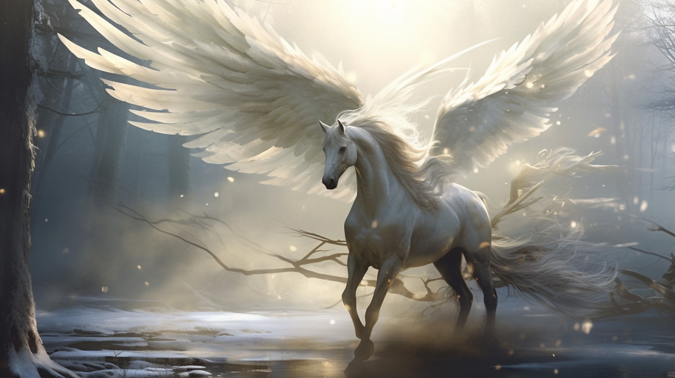 Pegasus alb cu aripi mari care rulează cu razele soarelui în fundal