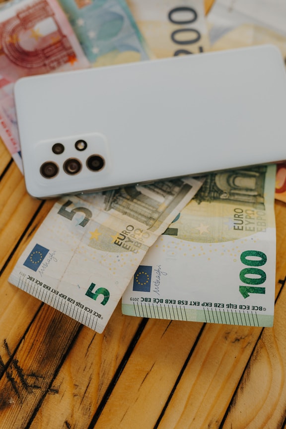 bankovka, eura, bílá, mobilní telefon, peníze, papír, hotovost