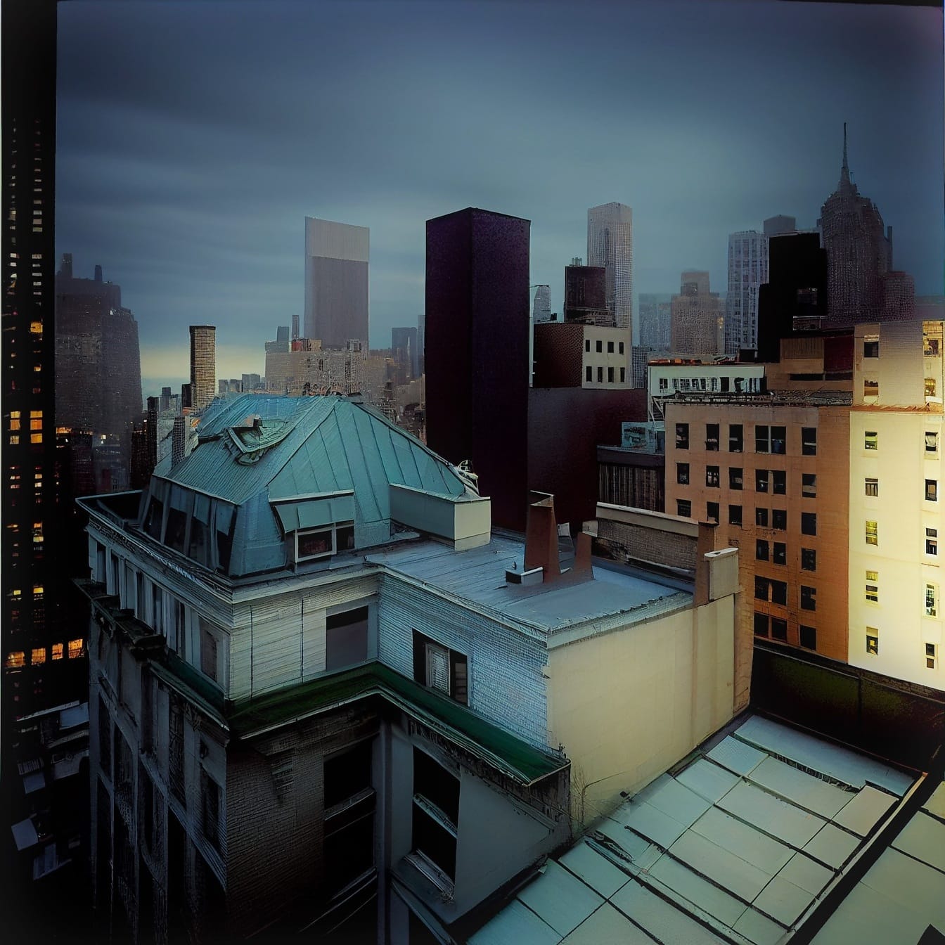 Valokuvamontaasi kaupunkimaiseman kreativiini-illasta rakennusten kattoineen