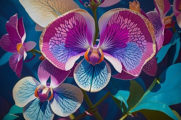 Majestic vibrant purple orchid flowers illustration