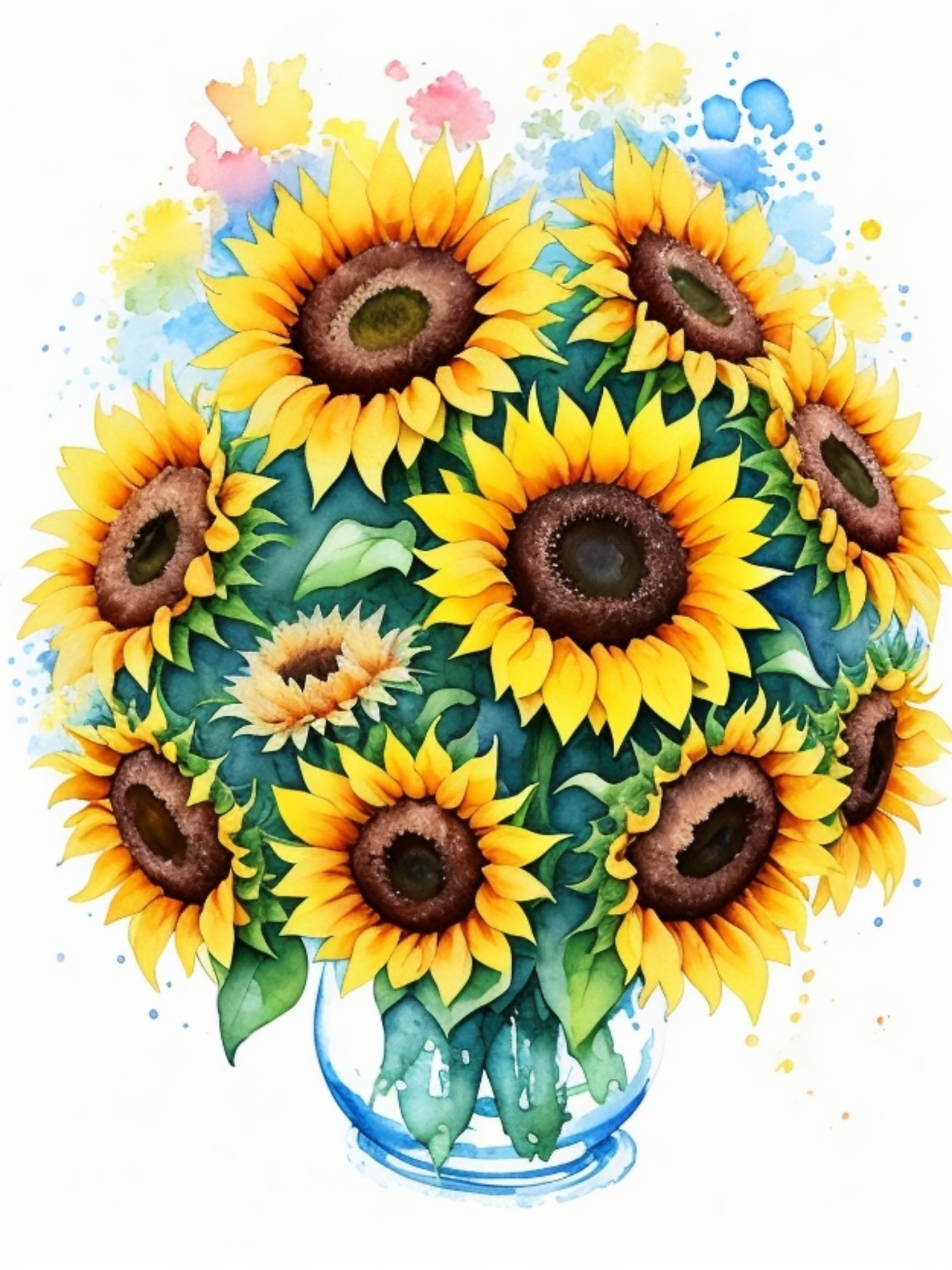 Ilustrație în acuarelă cu floarea-soarelui în vază de sticlă