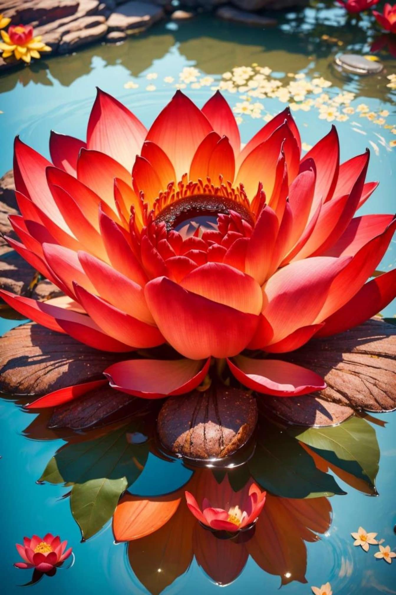 Plantă acvatică vibrantă de nufăr roșu închis în fotomontaj grădină de flori