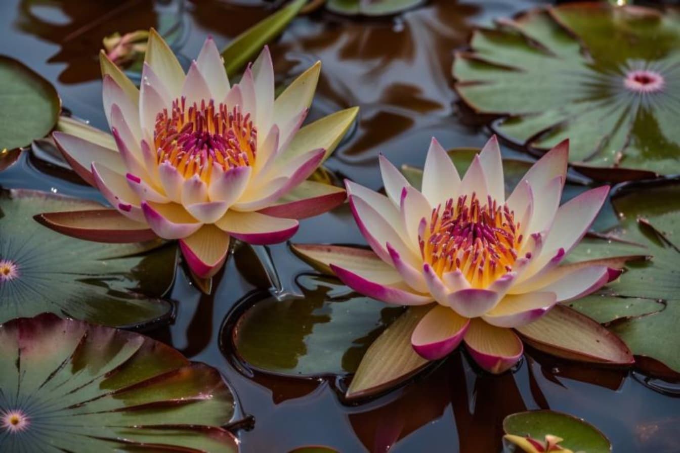 Flores exóticas bonitas do lírio d’água na lagoa do jardim da flor
