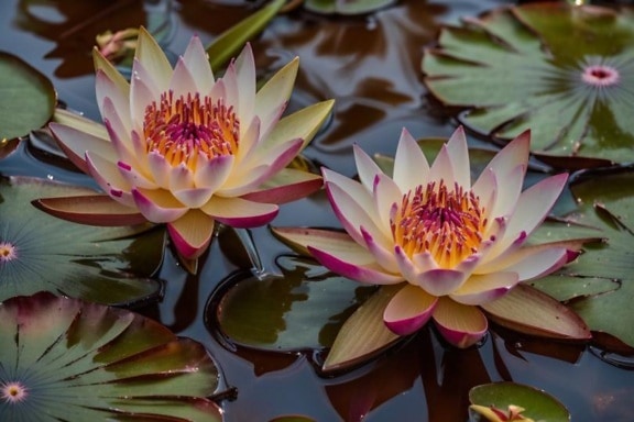 Pretty water lily exotic flowers in flower garden pond