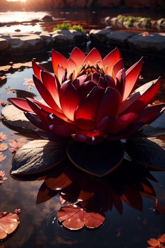 Vibrant dark red lotus flower in flower garden illustration