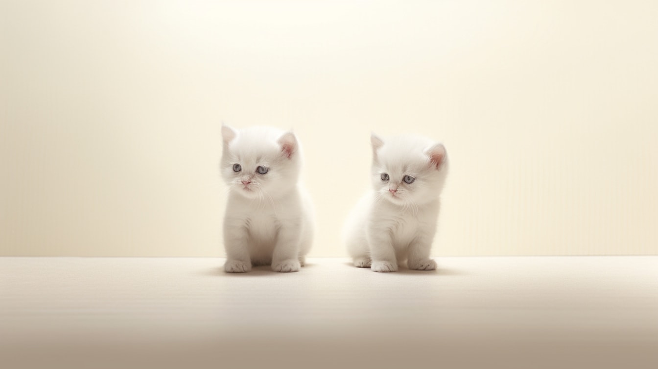 베이지색 배경에 앉아있는 사랑스러운 부드러운 흰색 흰색 새끼 고양이