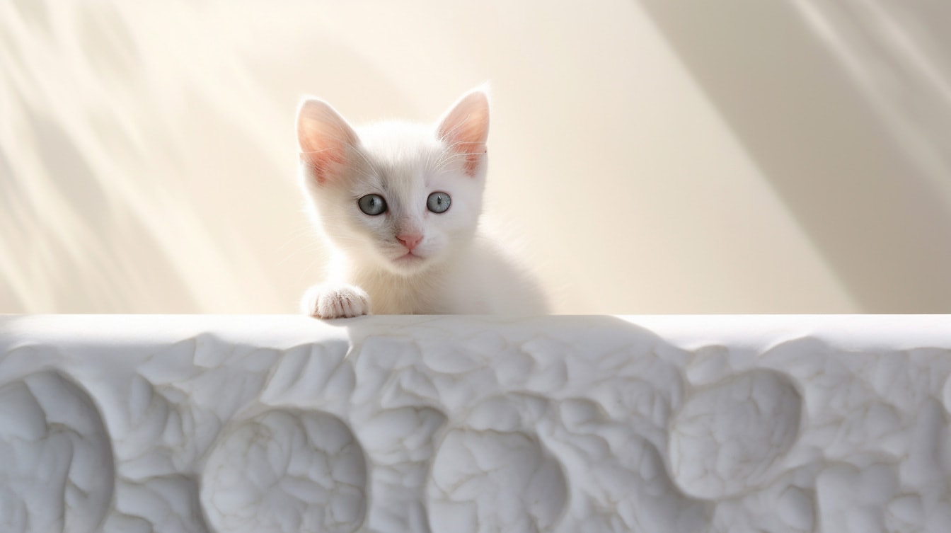 Söt renrasig turkisk angora kattunge som ser nyfikenhet