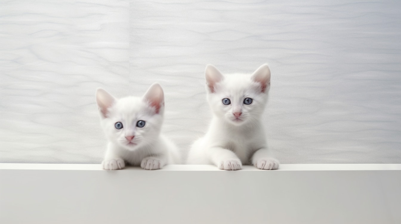 ภาพประกอบที่สมจริงของลูกแมวสีขาวในบ้านที่มีพื้นหลังสีเทา