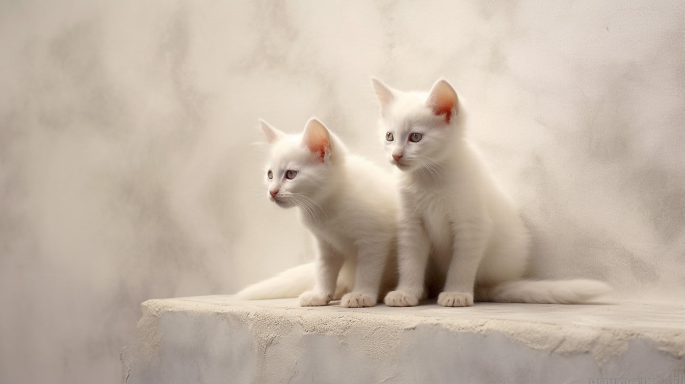 Những chú mèo con đáng yêu ngồi bên bức tường màu be