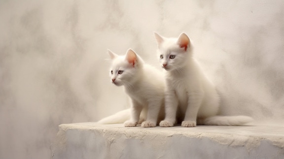 Adorable young kittens sitting by beige wall