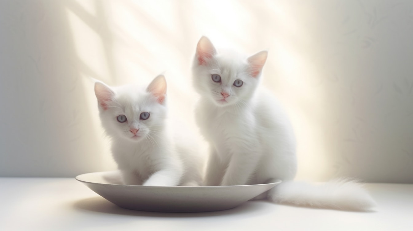 밝은 bokeh 배경을 가진 사랑스러운 흰 새끼 고양이의 흐릿한 그림