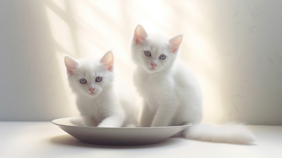 Blurry illustration of adorable white kittens with bright bokeh background
