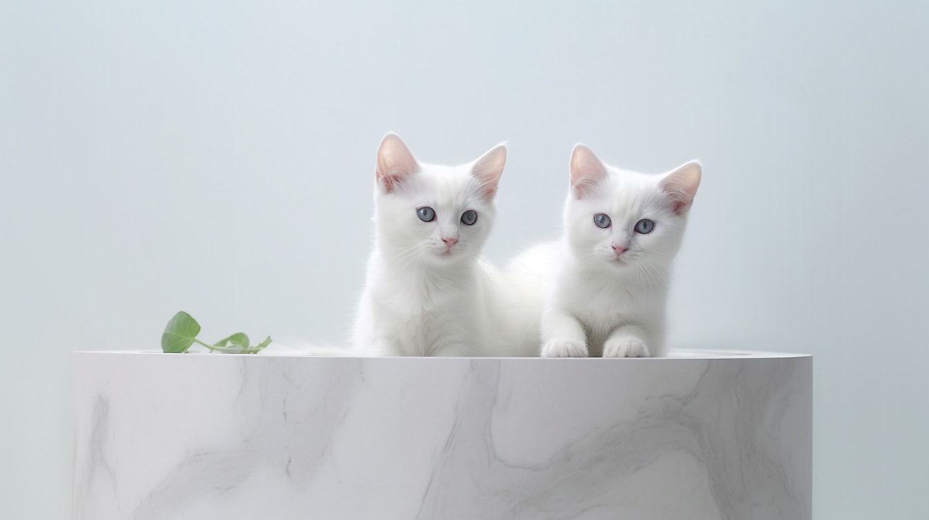 Docela biele domáce mačiatka s modrými očami