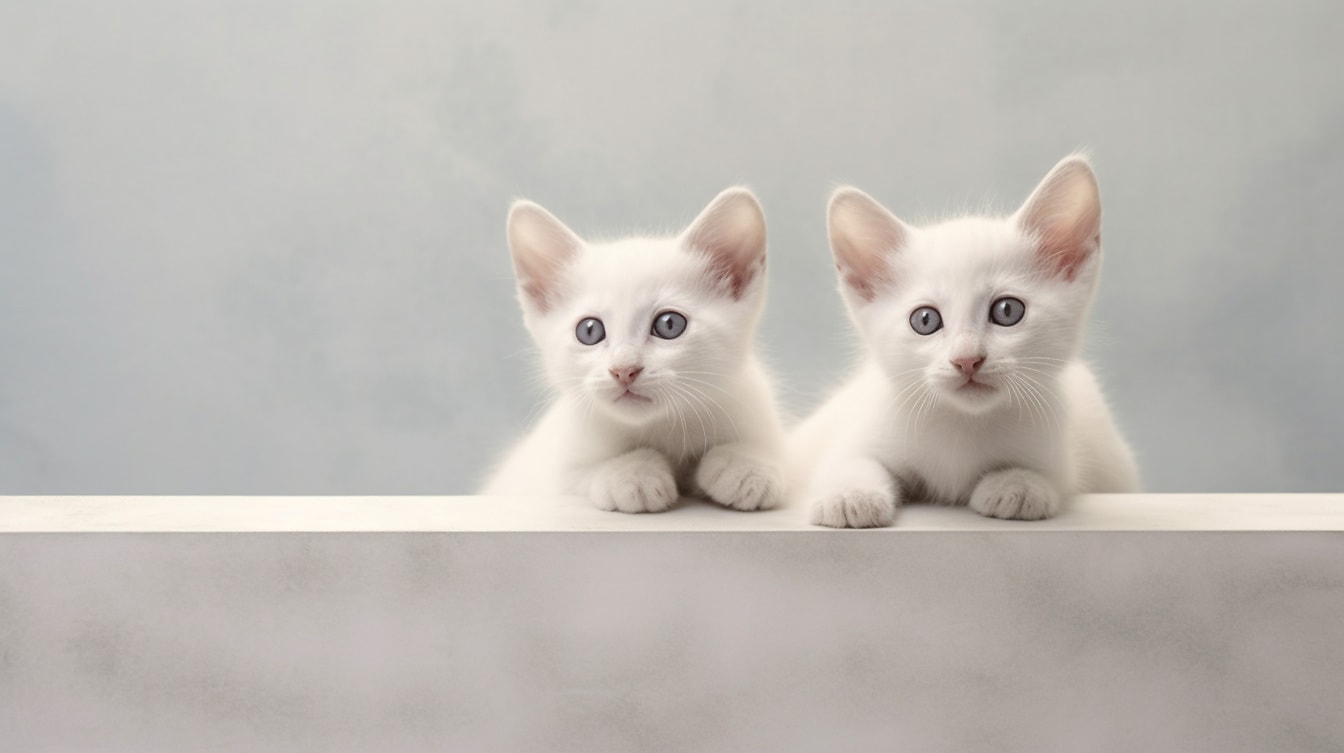 Фотомонтаж на очарователни бели котенца, изглеждащи любопитни
