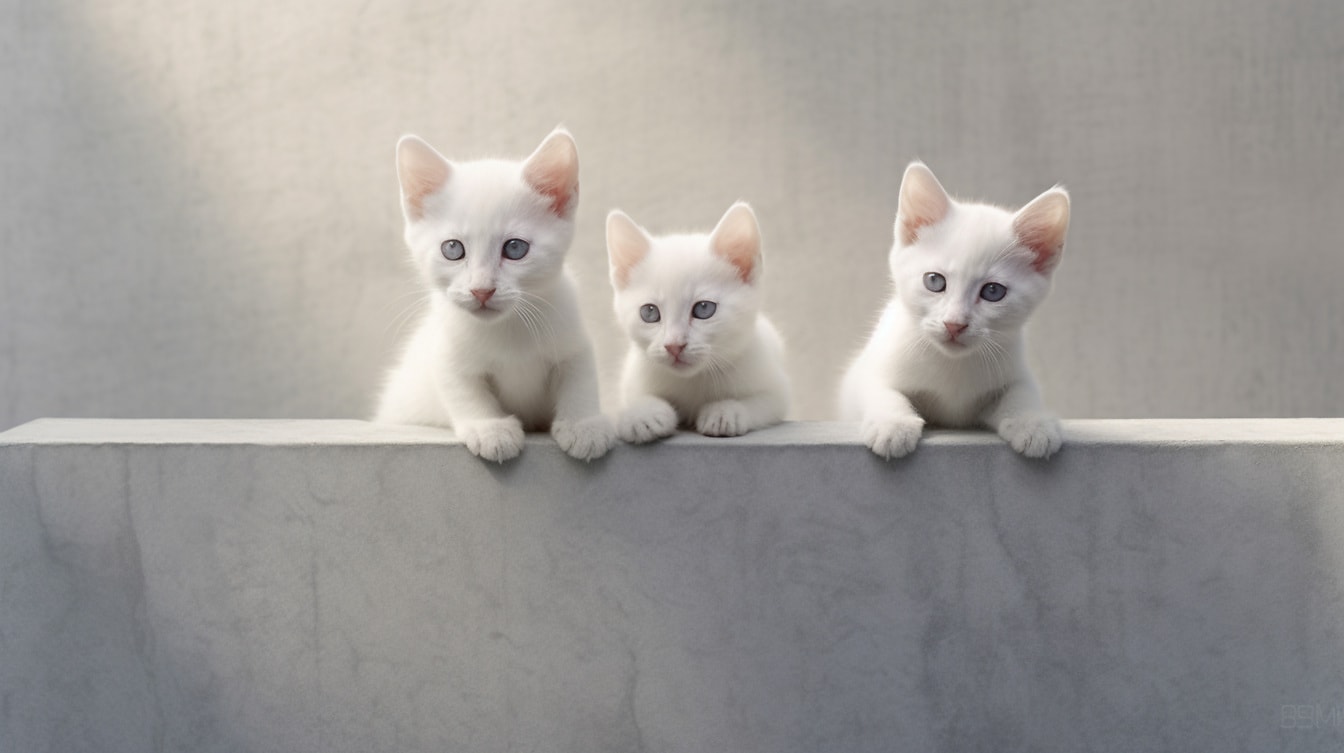 Tres adorables gatitos turcos de angora en estudio de fotografía