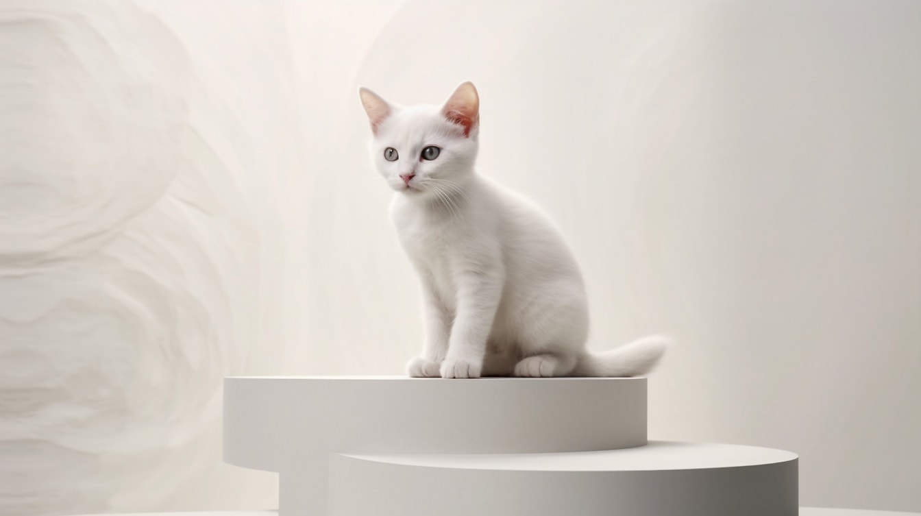 Beige huskatt som sitter på trappor i fotostudio