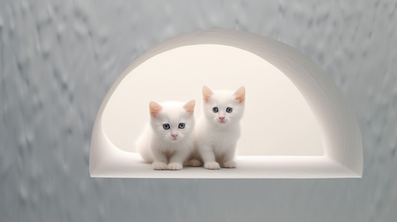 ลูกแมวสีขาวน่ารักน่ารักนั่งอยู่ในสตูดิโอถ่ายภาพ