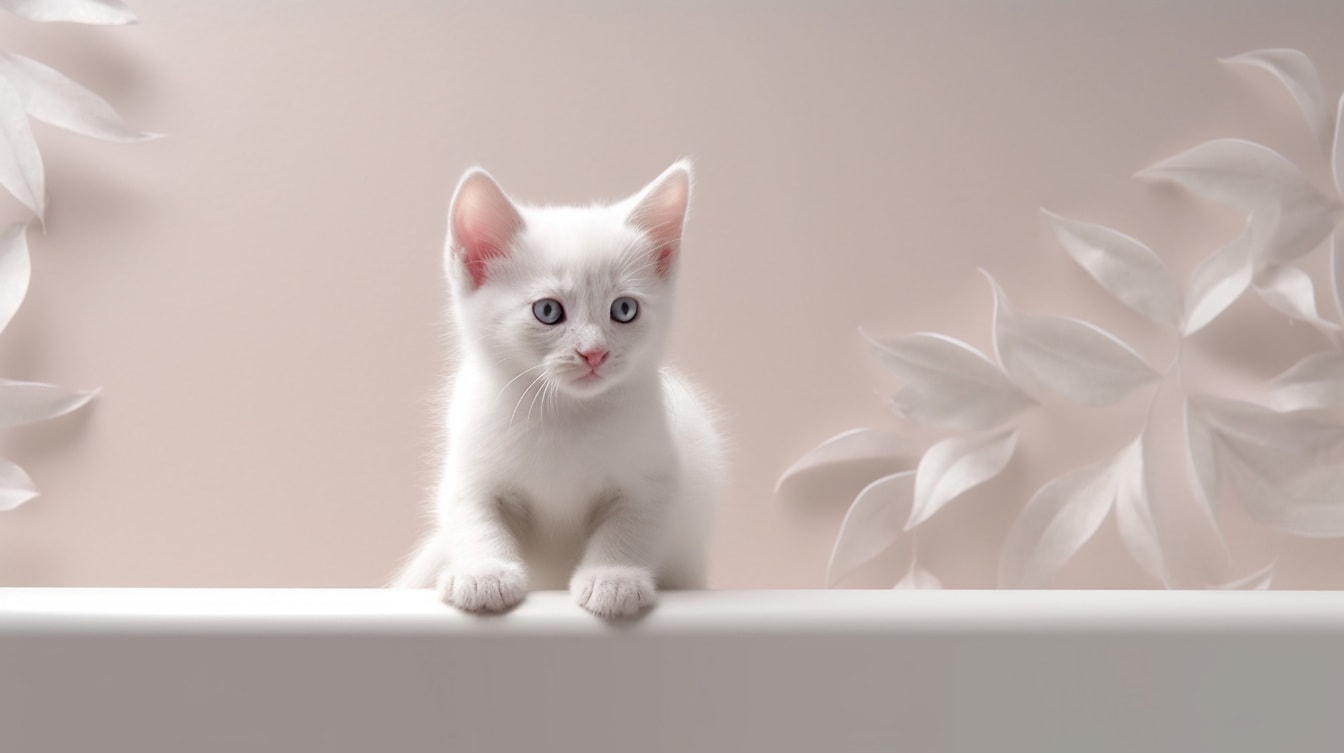 베이지색 배경의 어린 흰 새끼 고양이의 그림
