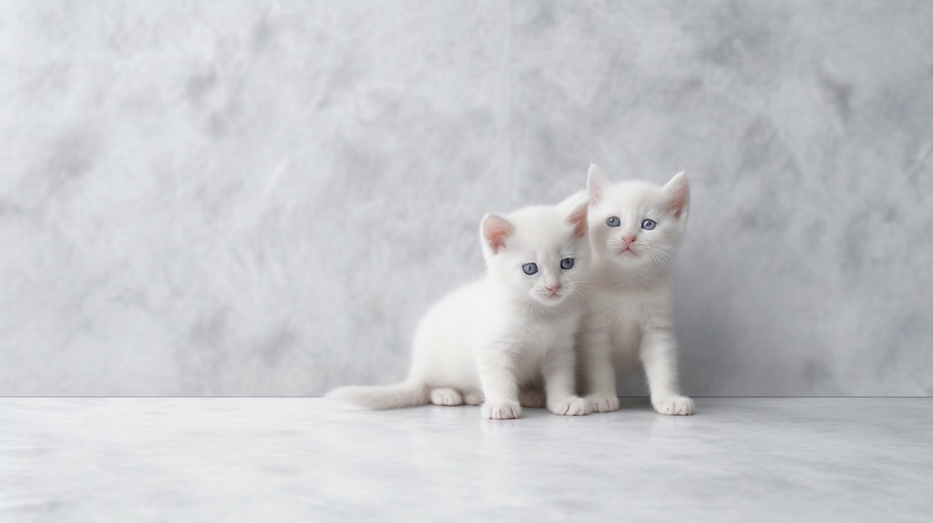 Молоді білі породисті кошенята біля сірої стіни