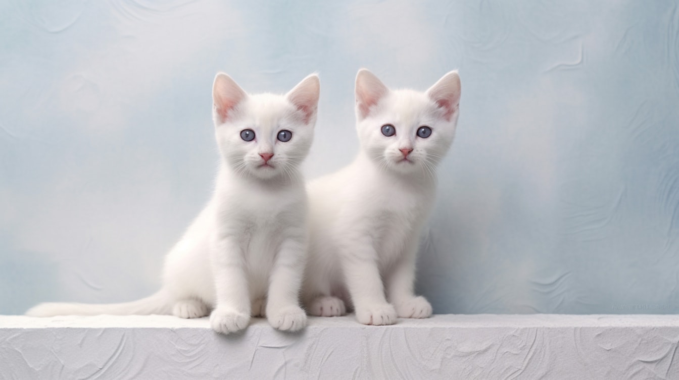 Чарівні білі кошенята-альбіноси сидять біля блакитної стіни