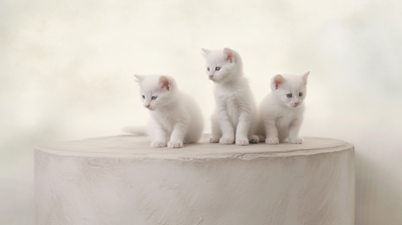 베이지색 벽에 앉아 있는 사랑스러운 흰색 새끼 고양이 세 마리