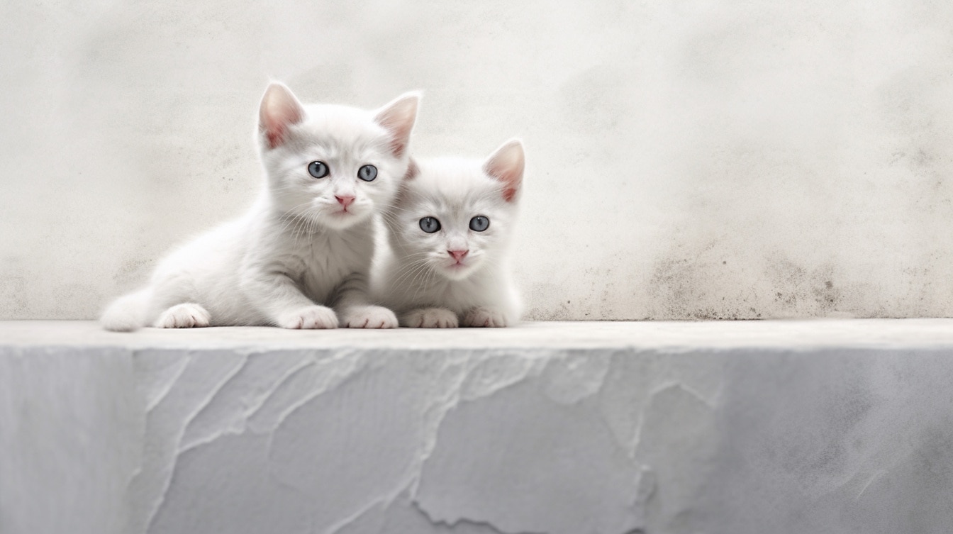 Vackra förtjusande vita kattungar vid smutsig beige vägg