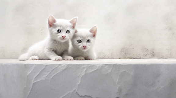 Beautiful adorable white kittens by dirty beige wall