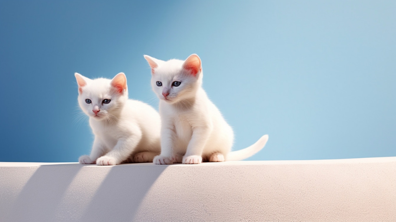 Величественные белые породистые котята на голубом фоне