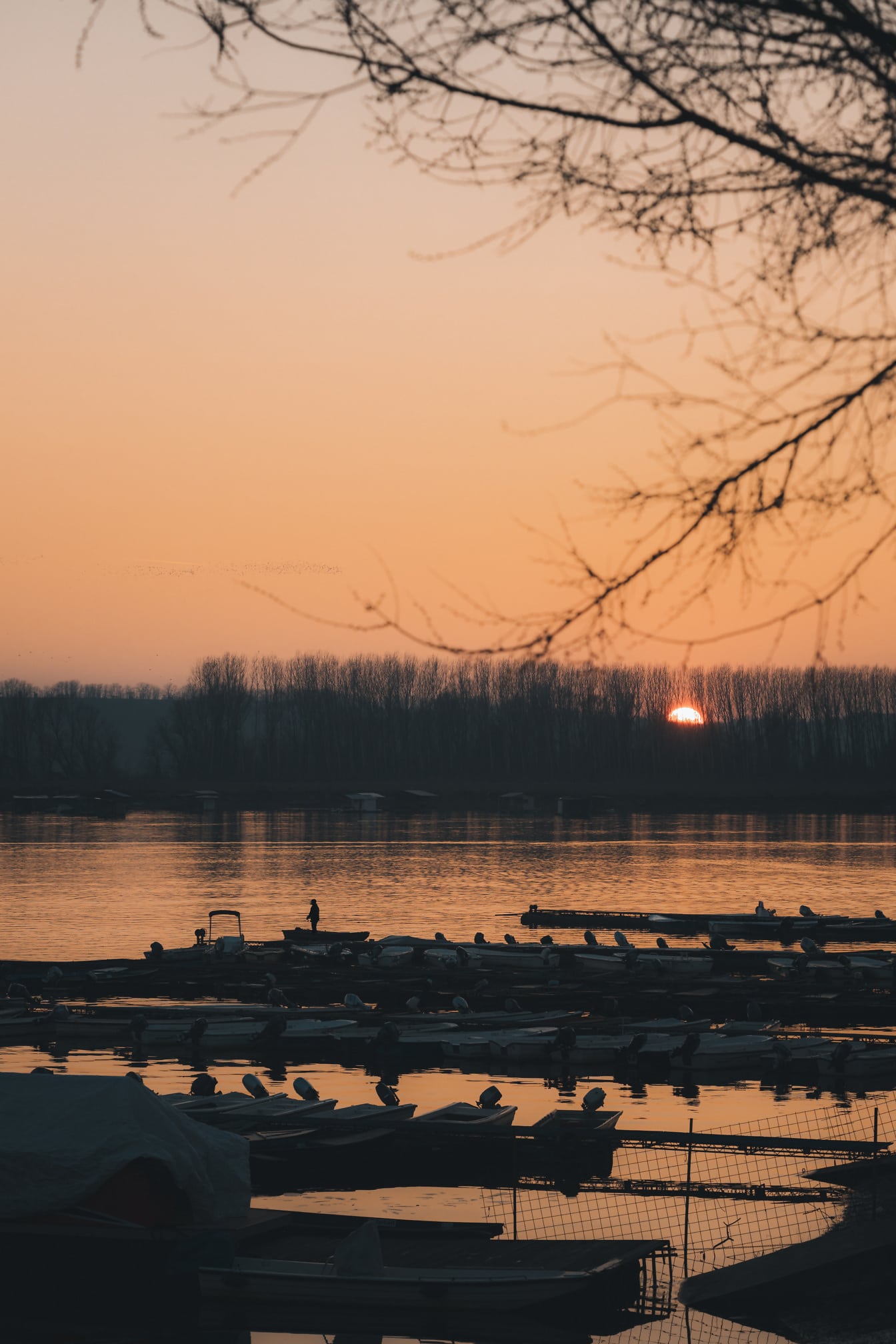 Lever de soleil sur le calme et l’idyllique au bord du lac avec port