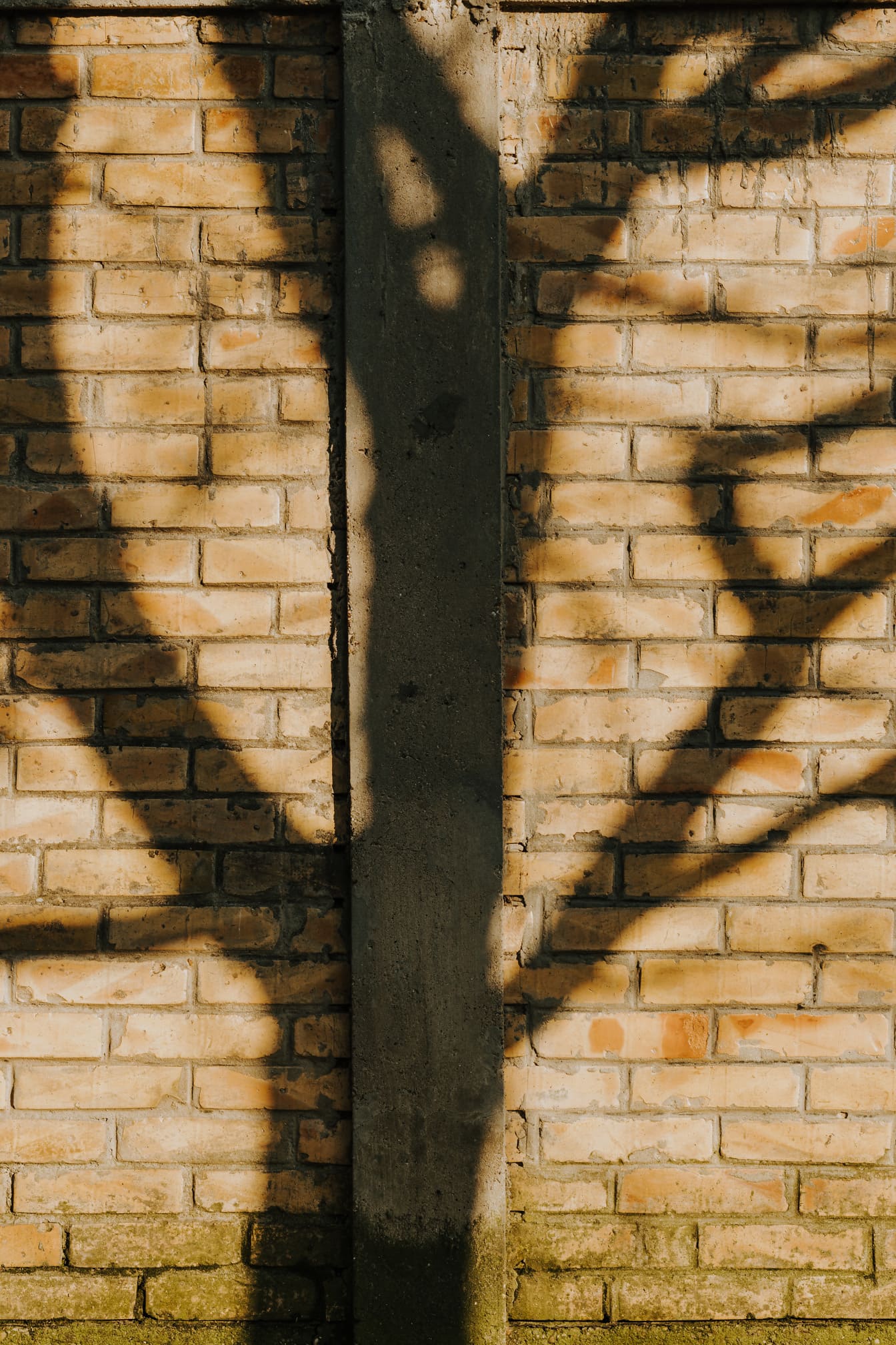 Concrete vertical column on brick wall in shadow