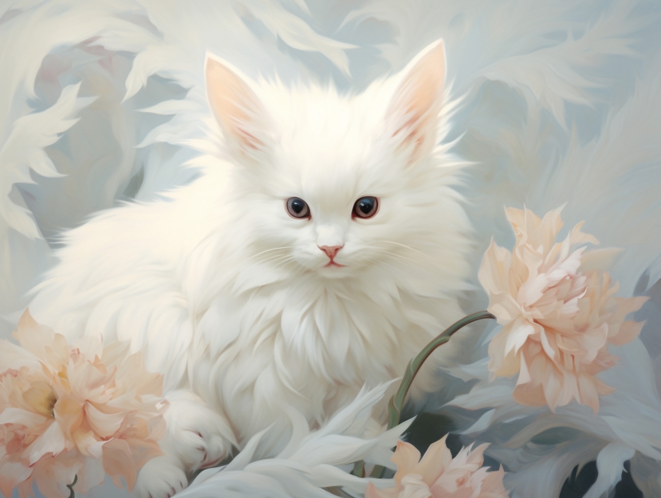 Ilustrácia v štýle akvarelu chlpatého bieleho mačiatka