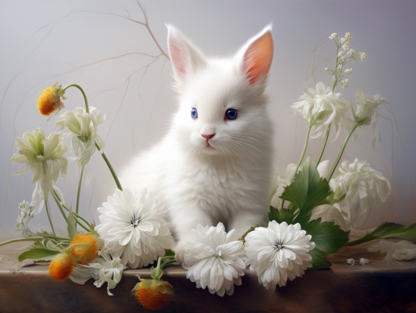 Очаровательный белый зайчик с голубыми глазами в цветах