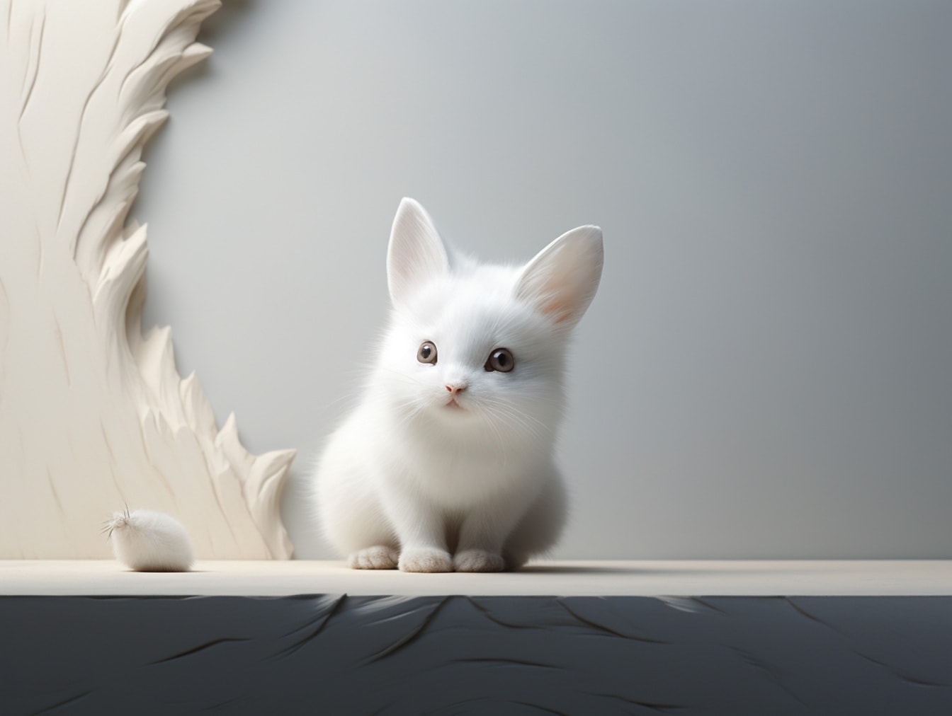 Иллюстрация фэнтезийного существа белый котенок-зайчик