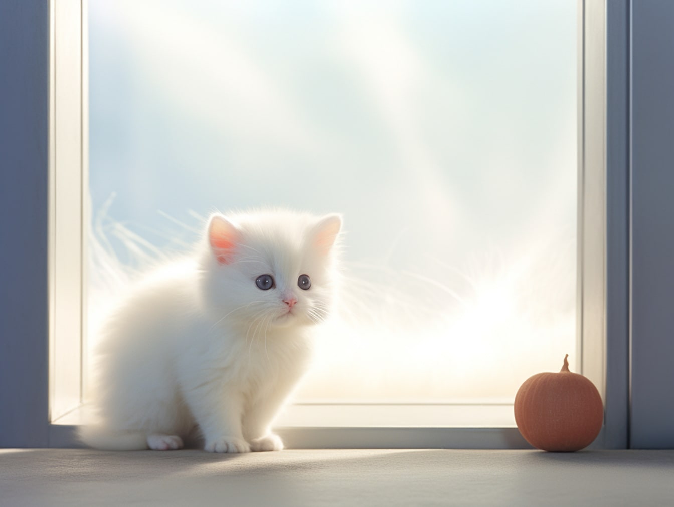 明るい窓のそばに座っている若い愛らしい子猫