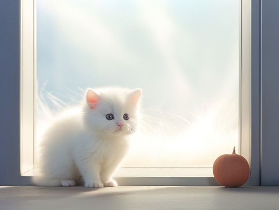 Young adorable kitten sitting by bright window