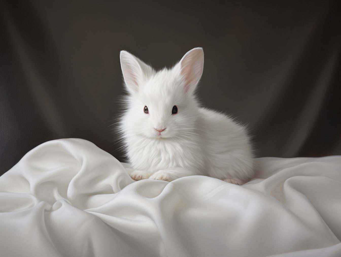 Maestoso coniglietto bianco su tela di seta con sfondo grigio