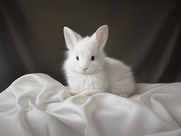 Majestic white bunny on silk canvas with grey background