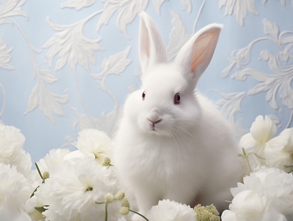 흰 꽃이 있는 부활절 흰 토끼의 장엄한 그림