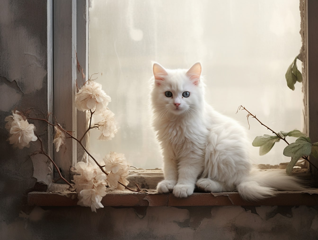 窗户上白色毛茸茸的家猫的复古风格插图