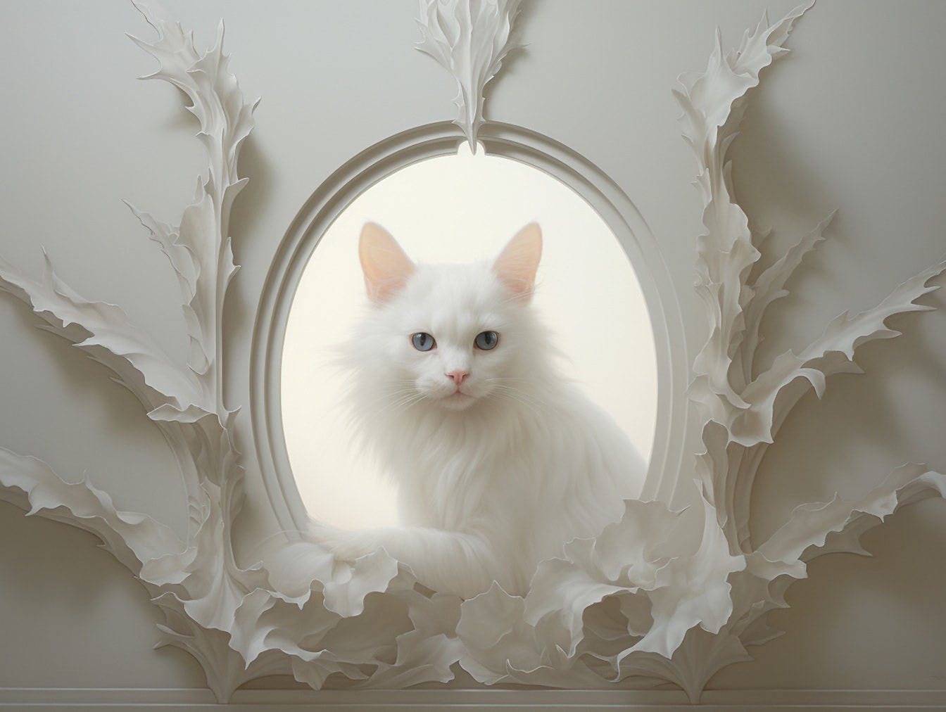 Retrato do gato doméstico peludo branco bonito com olhos azuis