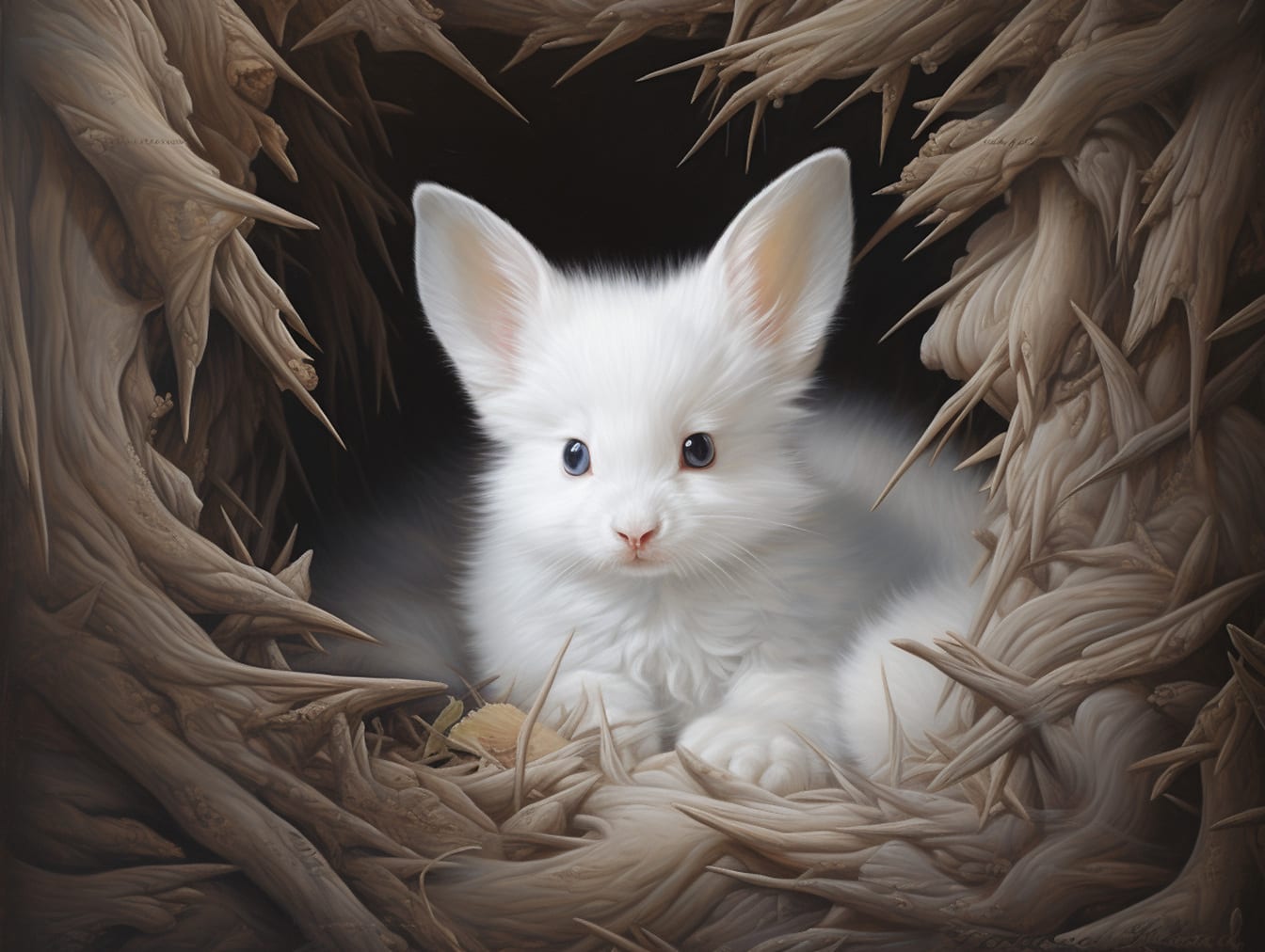 Fantasy stvorenie biely zajačik-klitten s veľkými ušami