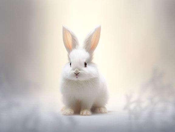 부드러운 bokeh 배경이 있는 흰색 토끼의 흐릿한 그림