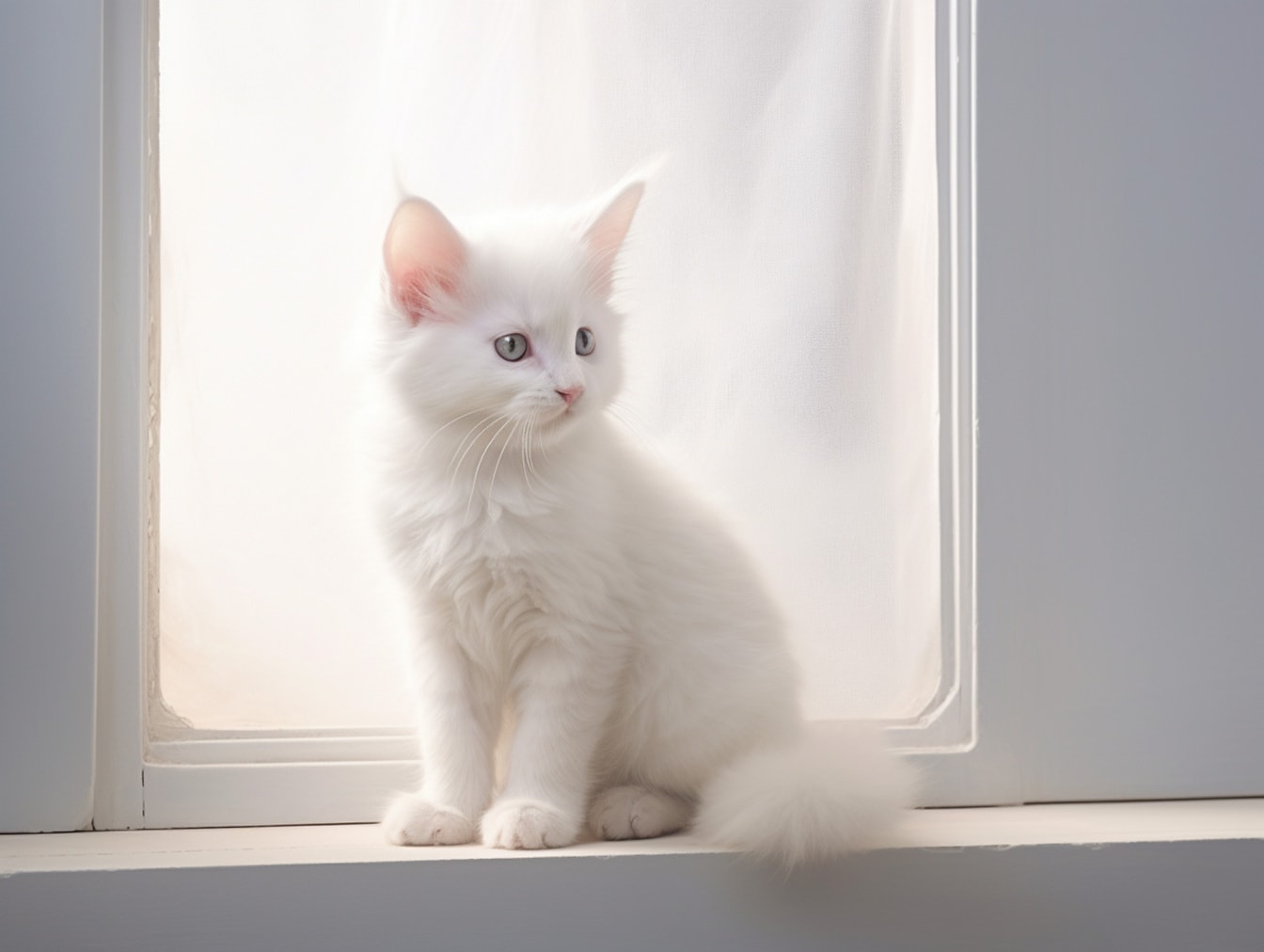 Ilustrasi anak kucing putih murni duduk di dekat jendela