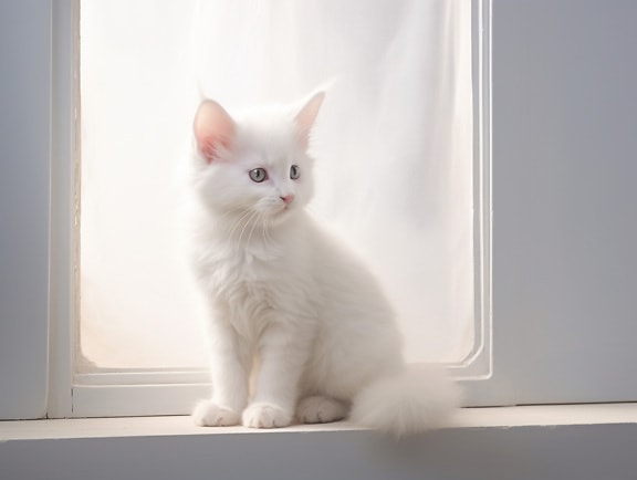 ilustrace, kotě, bílá, čistokrevná, okno, sedící, Domácí zvířata