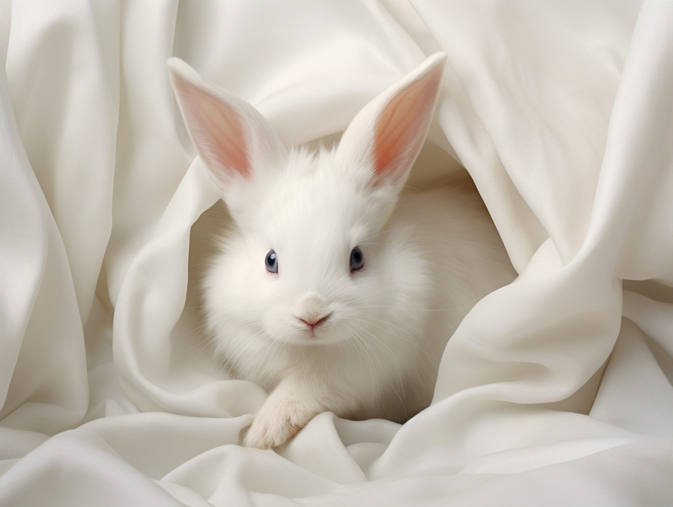 Lindo conejito blanco de raza pura en ilustración de lienzo de seda