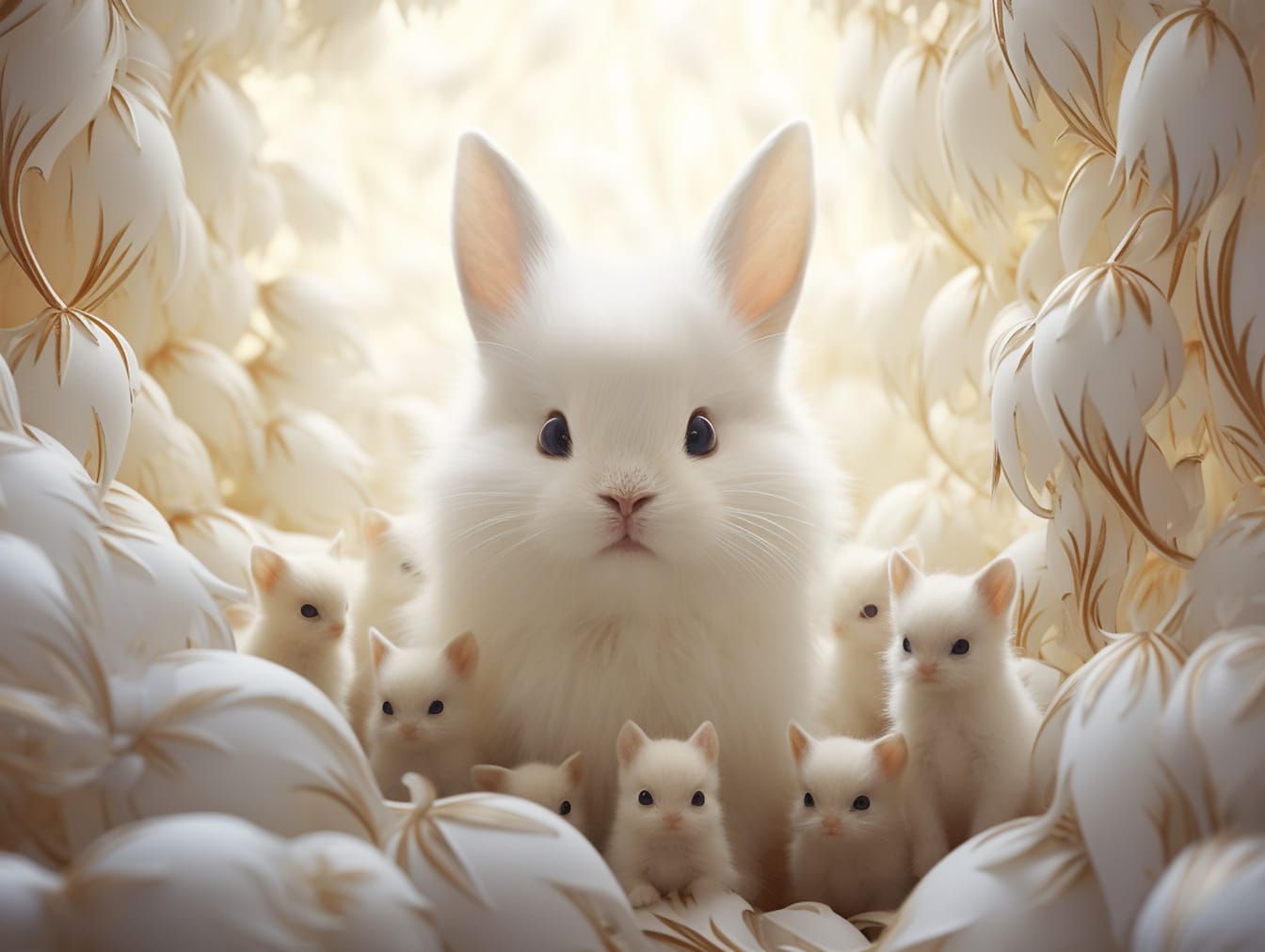 Majestic illustration of white bunny with offspring