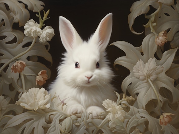 Photomontage of adorable furry bunny with big ears
