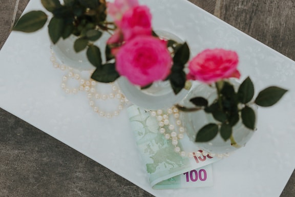 peníze, eura, perla, deska, keramika, květ, dekorace