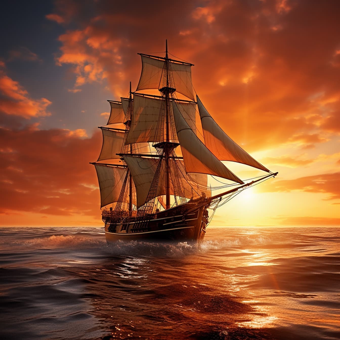 Ветроходен кораб в стар стил на океански вълни с драматичен фон на залеза