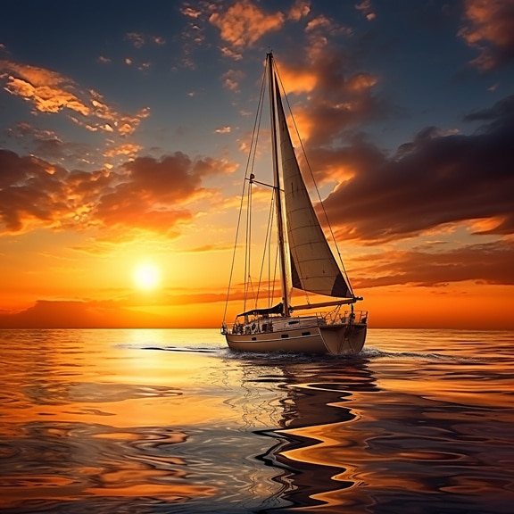Grafika plachetnice na pokojnom morskom horisone pri východe slnka